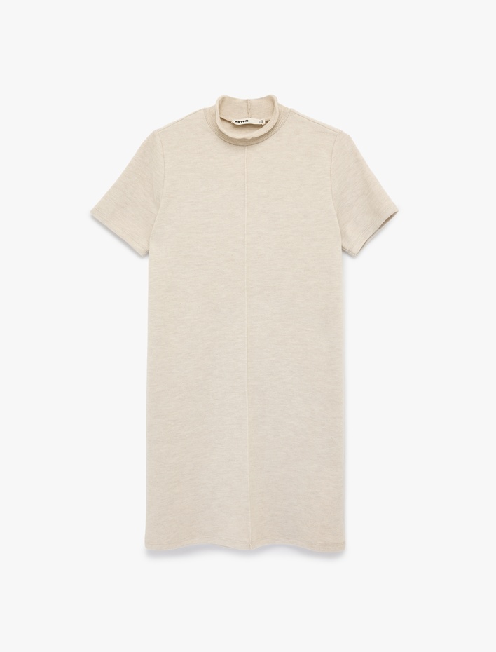  Hafif Dik Yaka Kısa Kollu Slim Fit Mini Elbise