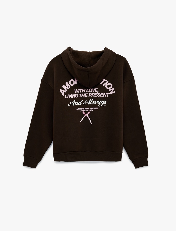  Arkası Baskılı Kapüşonlu Fermuarlı Cepli Oversize Sweatshirt