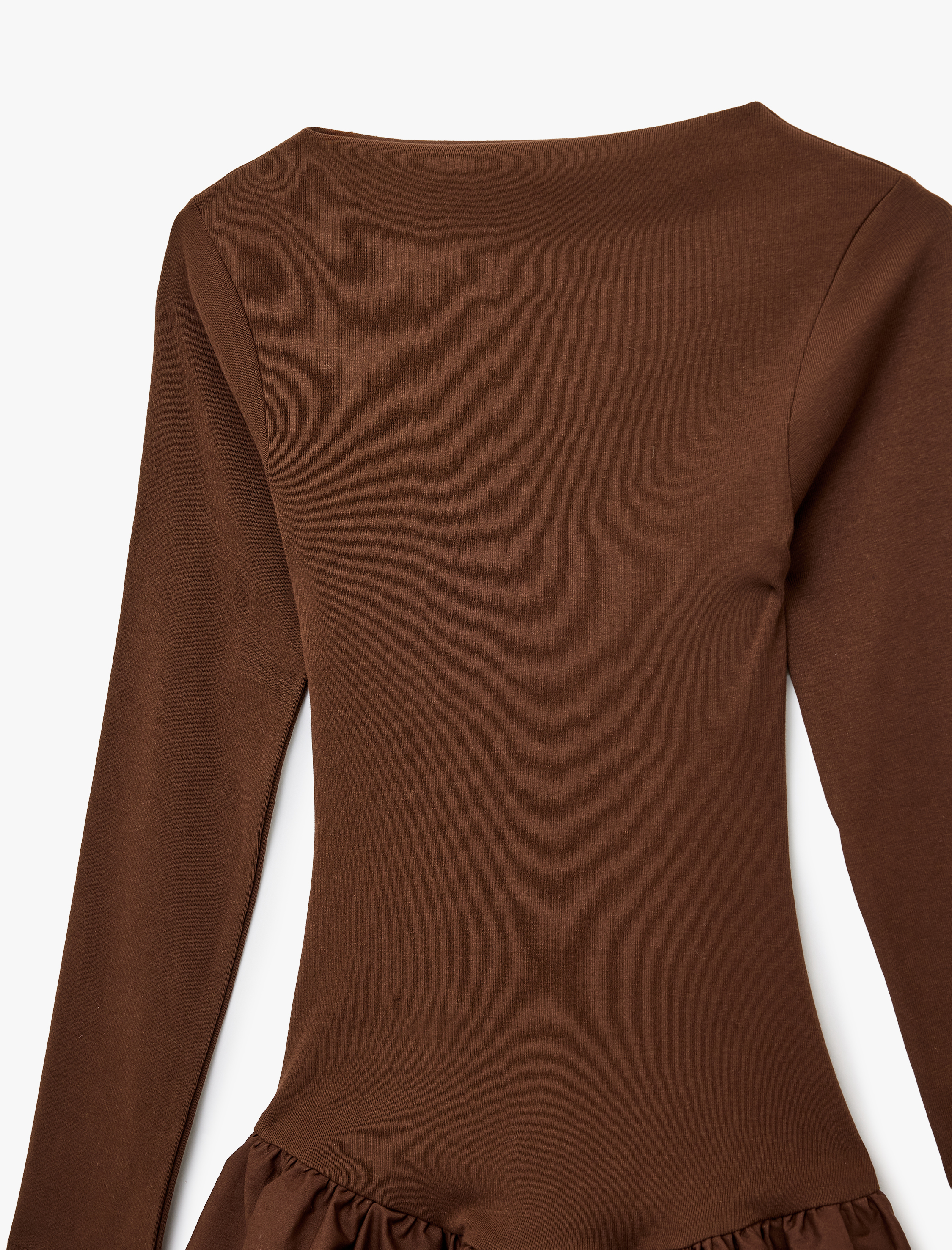   Slim Fit Uzun Kollu Bisiklet Yaka Katlı Volanlı Mini Elbise