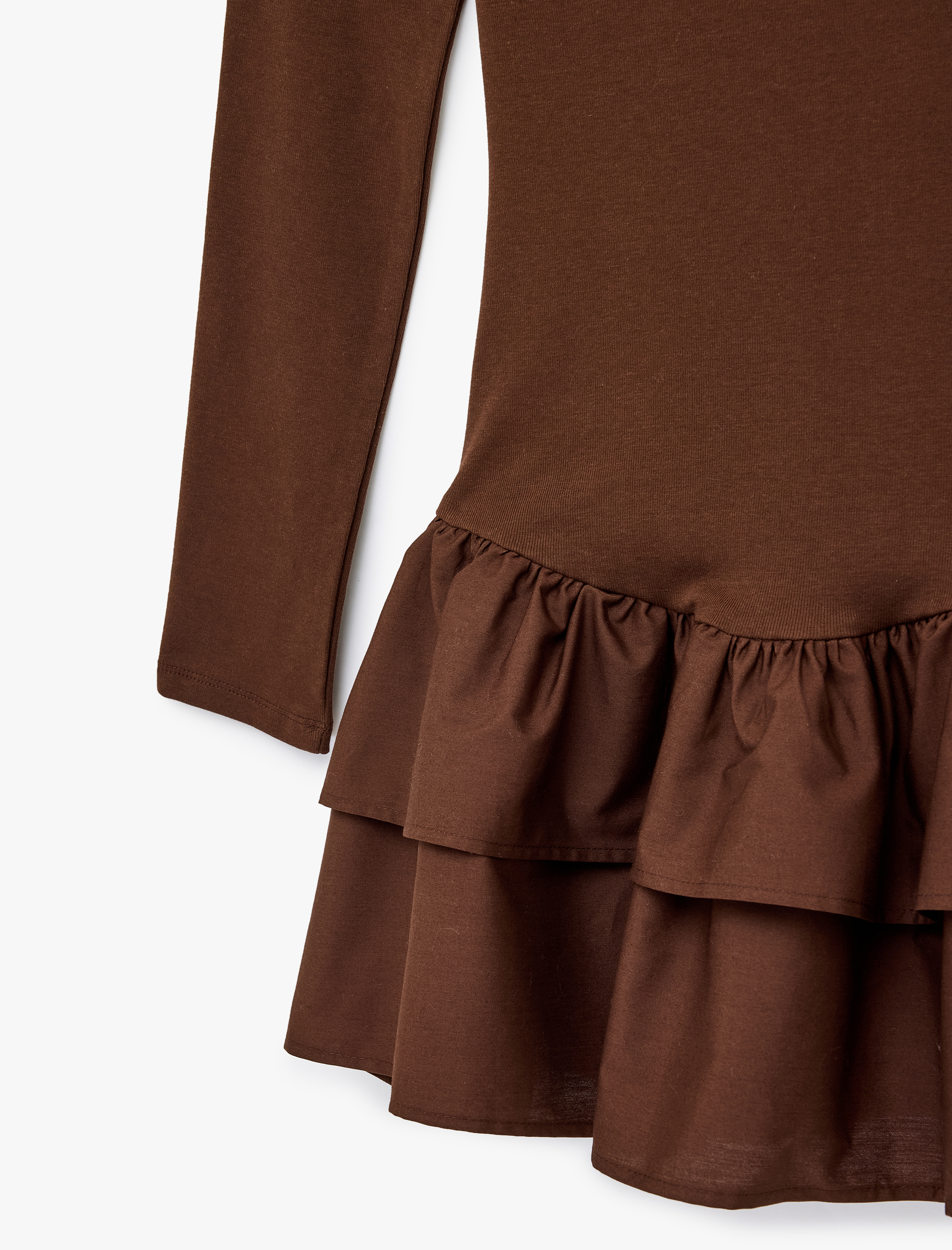   Slim Fit Uzun Kollu Bisiklet Yaka Katlı Volanlı Mini Elbise