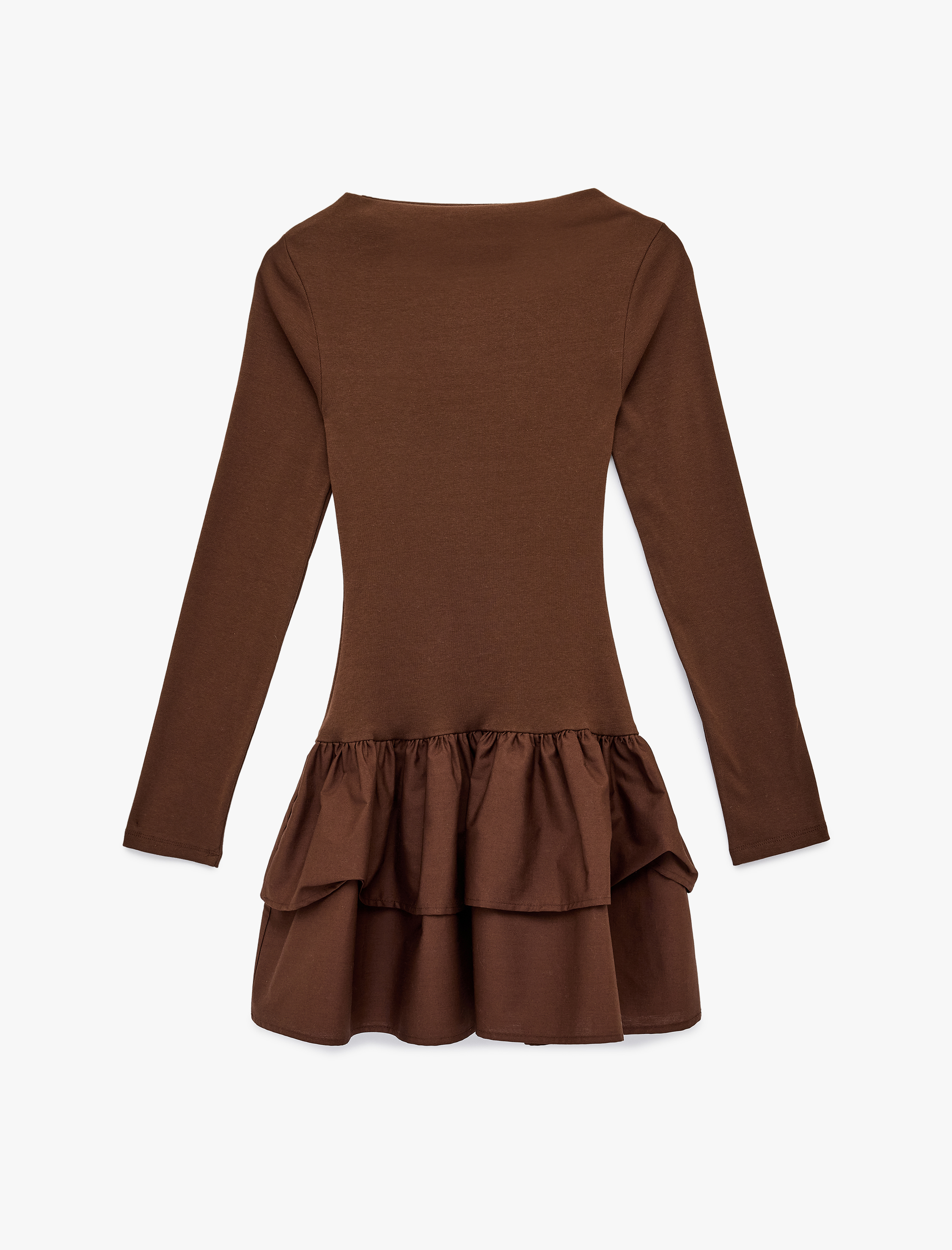   Slim Fit Uzun Kollu Bisiklet Yaka Katlı Volanlı Mini Elbise