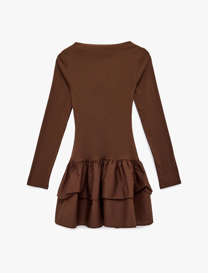  Slim Fit Uzun Kollu Bisiklet Yaka Katlı Volanlı Mini Elbise