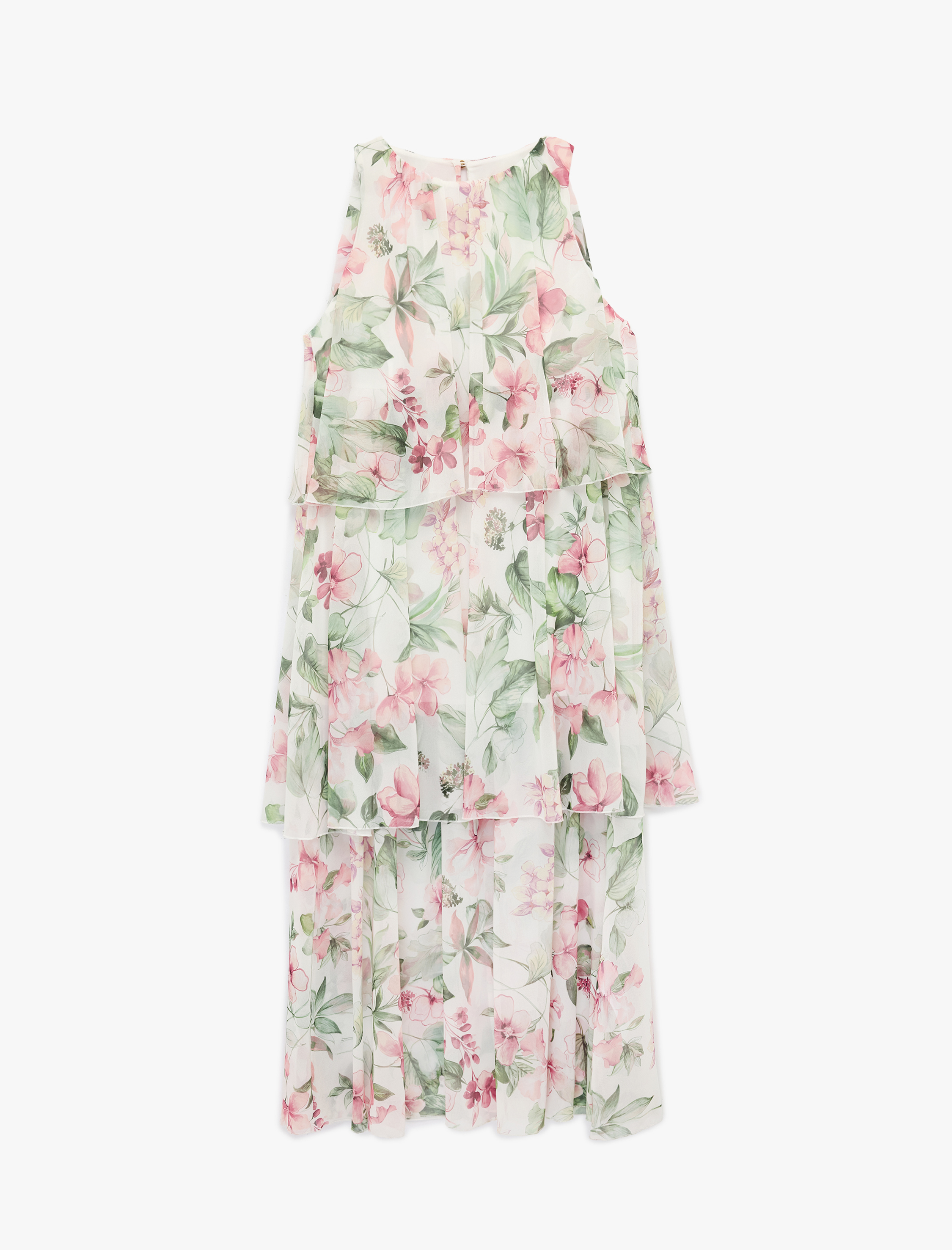   Katlı Kolsuz Halter Yaka Çiçekli Şifon Elbise