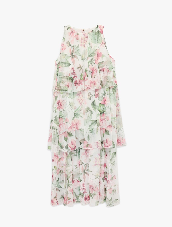  Katlı Kolsuz Halter Yaka Çiçekli Şifon Elbise