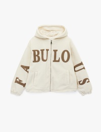 Kapüşonlu Baskılı Cepli Fermuarlı Oversize Peluş Ceket