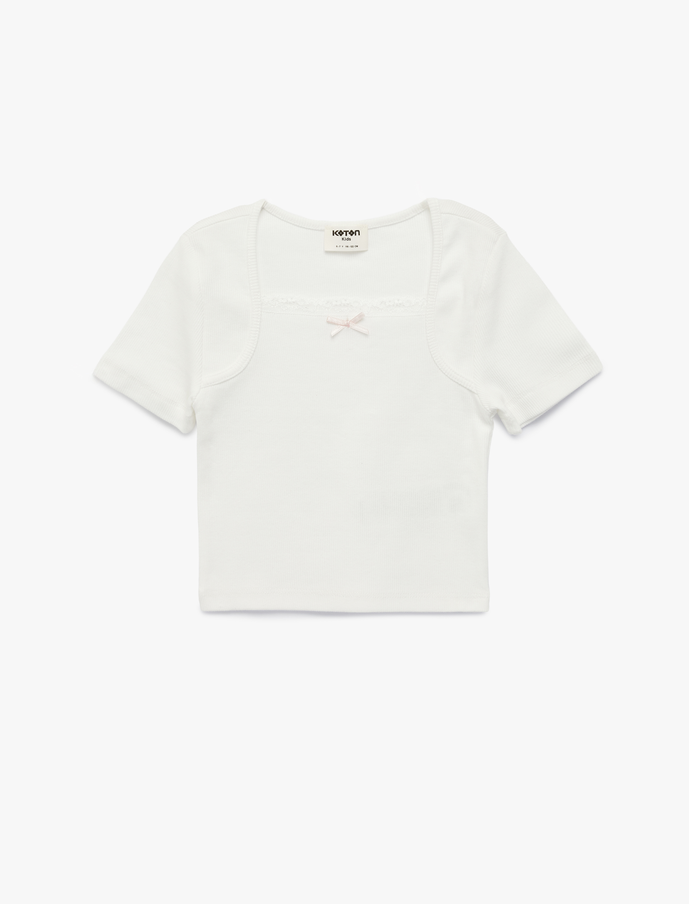  Kız Çocuk Kısa Kollu Kare Yaka Pamuklu Fiyonklu Tişört