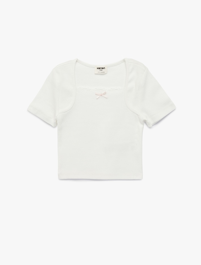 Kız Çocuk Kısa Kollu Kare Yaka Pamuklu Fiyonklu Tişört