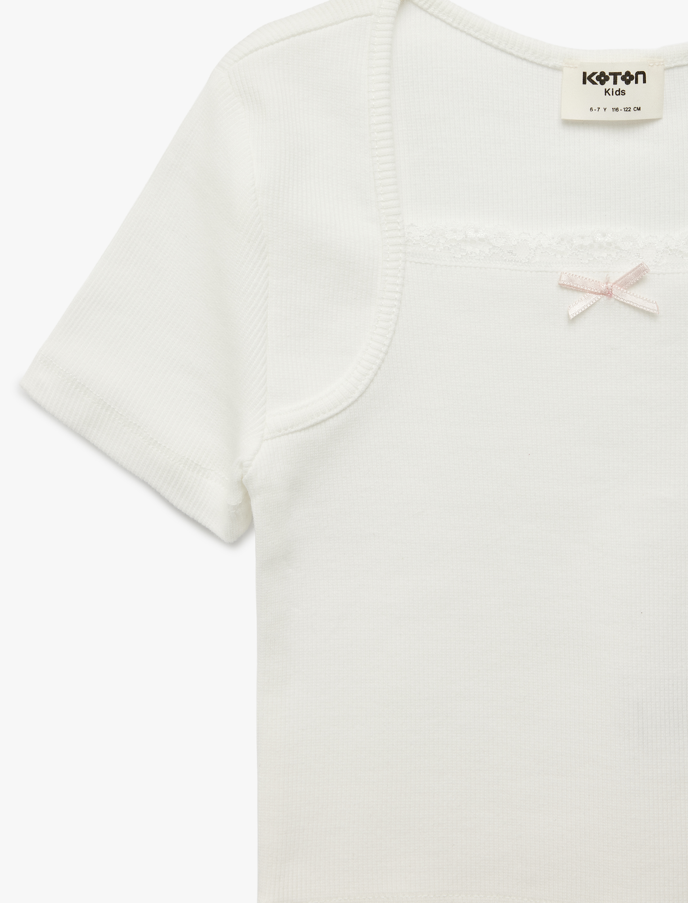  Kız Çocuk Kısa Kollu Kare Yaka Pamuklu Fiyonklu Tişört