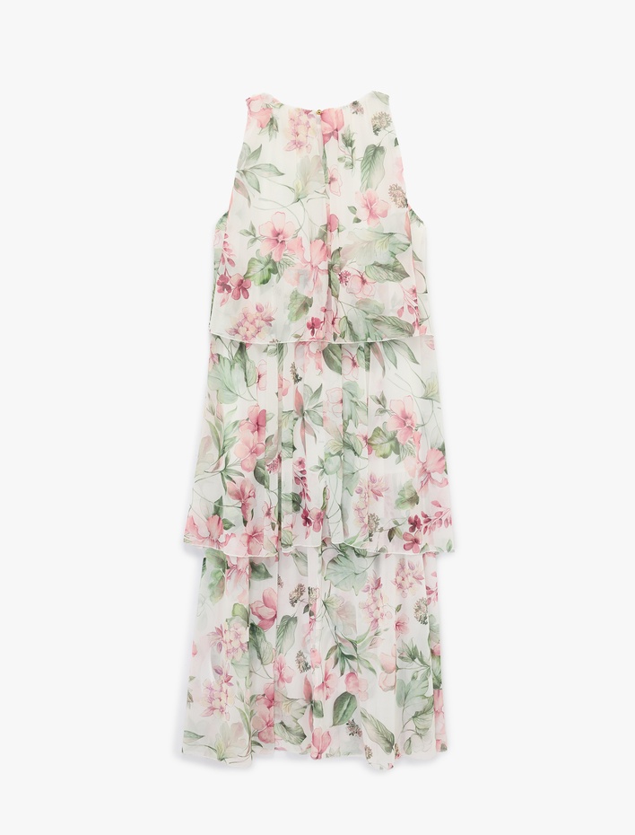  Katlı Kolsuz Halter Yaka Çiçekli Şifon Elbise