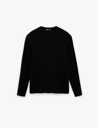 Regular Fit Uzun Kollu Çizgili Dokulu Bisiklet Yaka Triko Kazak