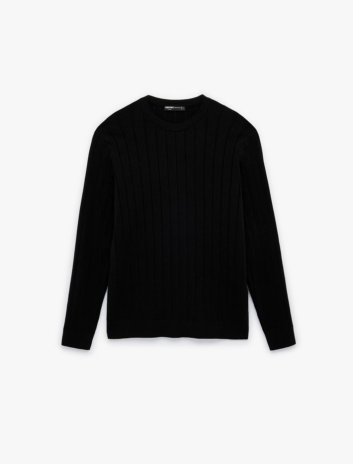  Regular Fit Uzun Kollu Çizgili Dokulu Bisiklet Yaka Triko Kazak