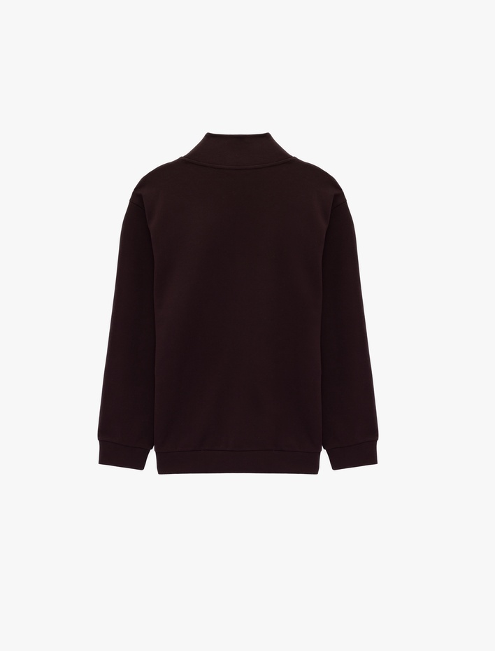  Pamuklu Uzun Kollu Oversize Dik Yaka Yarım Fermuarlı Sweatshirt