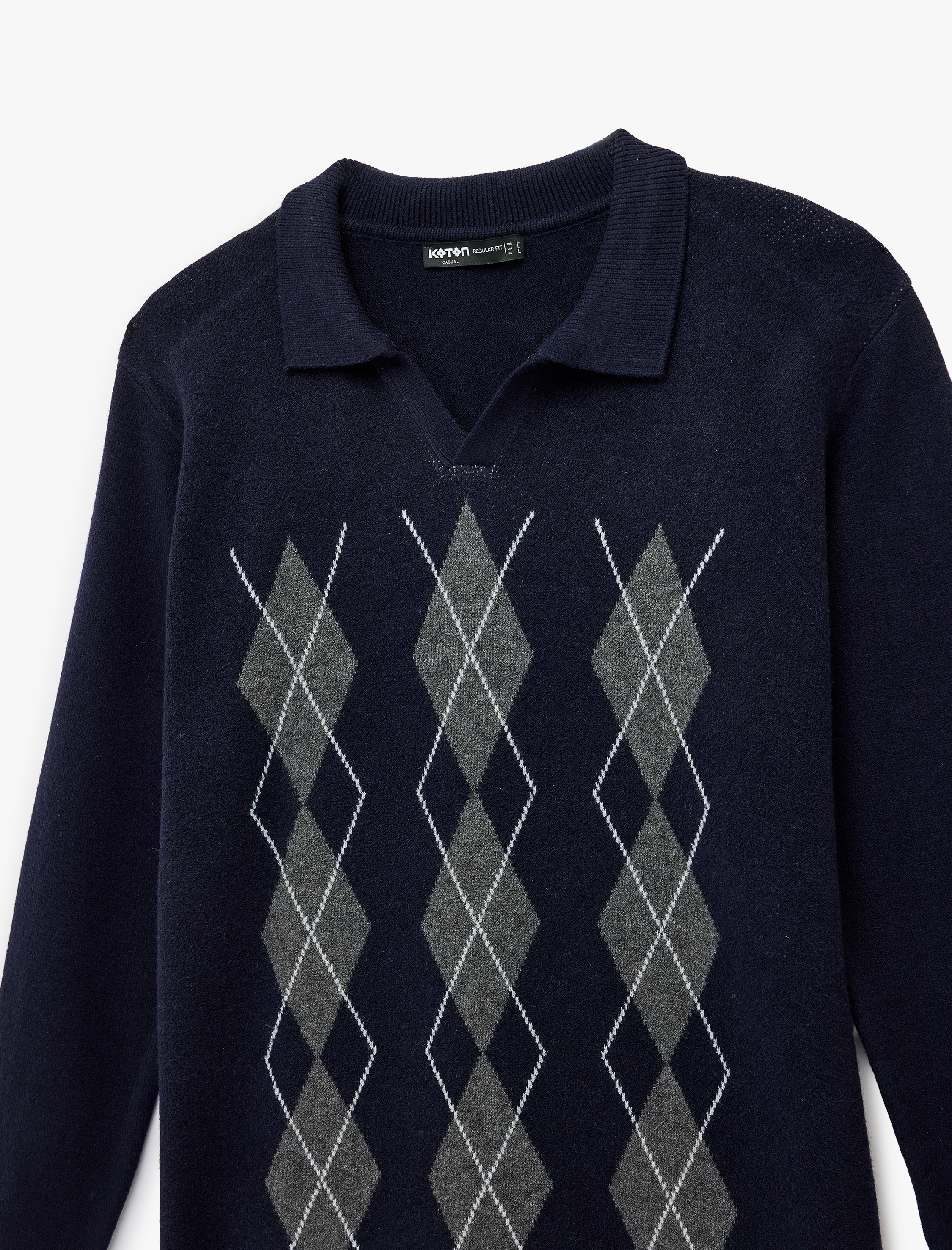   Regular Fit Uzun Kollu Baklava Desenli V Yaka Polo Triko Kazak