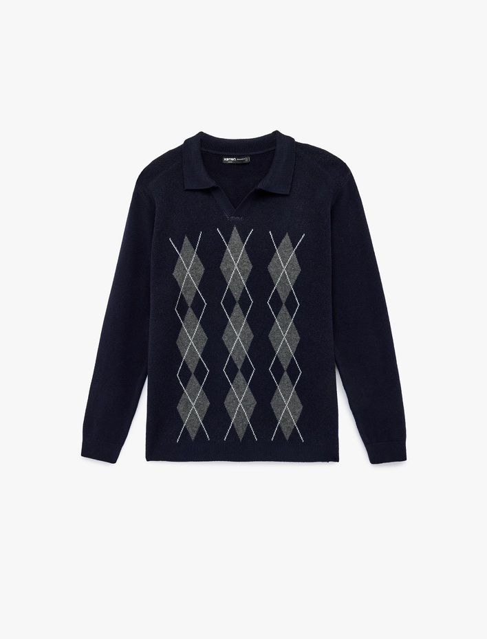  Regular Fit Uzun Kollu Baklava Desenli V Yaka Polo Triko Kazak