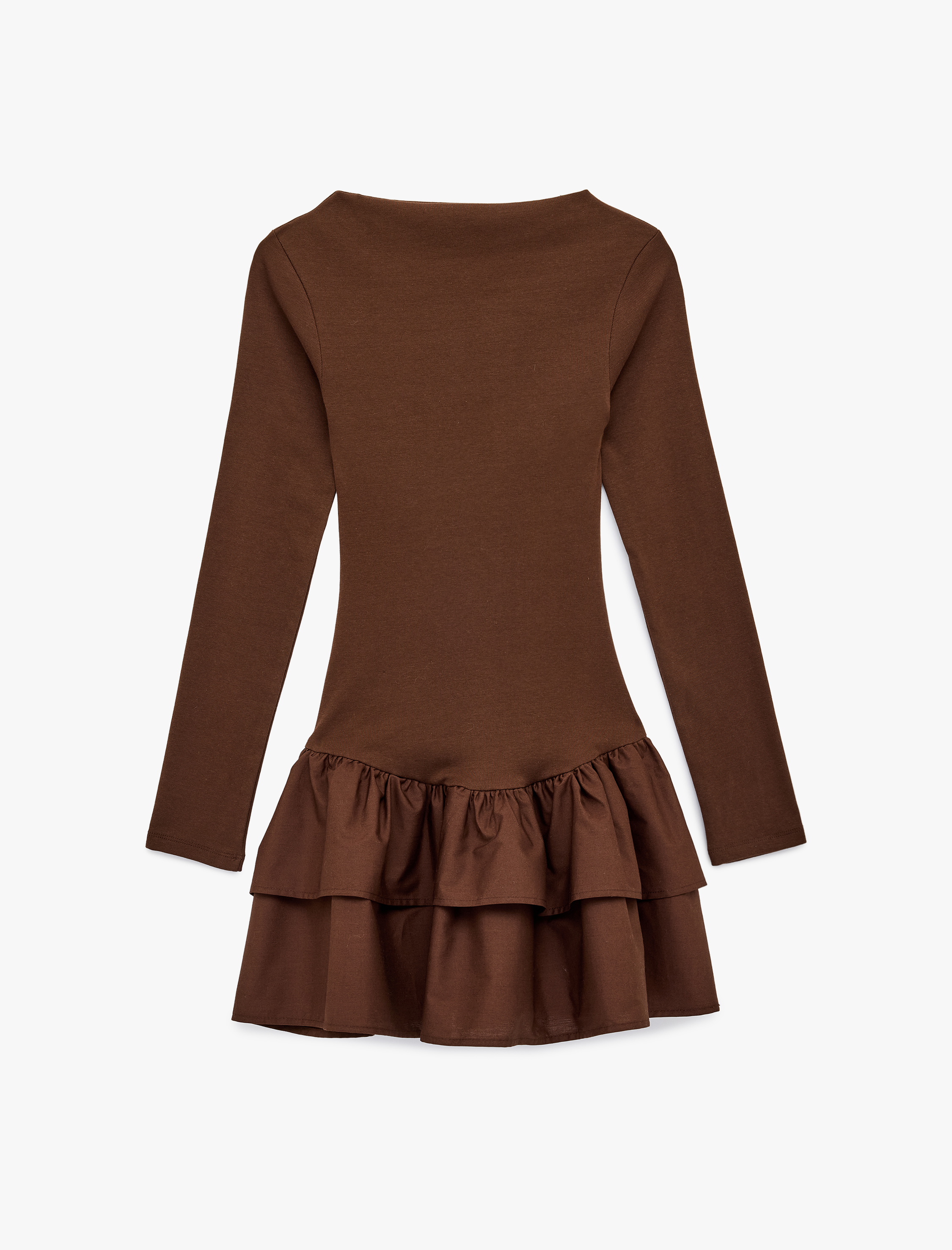   Slim Fit Uzun Kollu Bisiklet Yaka Katlı Volanlı Mini Elbise