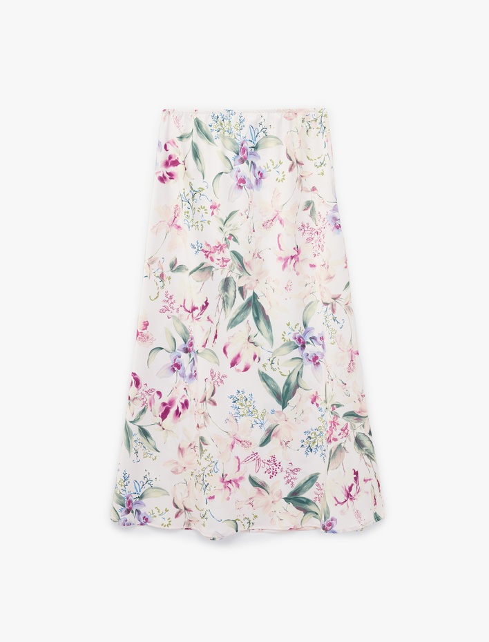  Kloş Kesim Midi Çiçekli Saten Etek