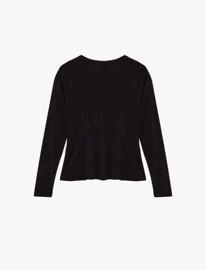  Sandy Kumaş Uzun Kollu Bisiklet Yaka Slim Fit Peplum Kesim Tişört