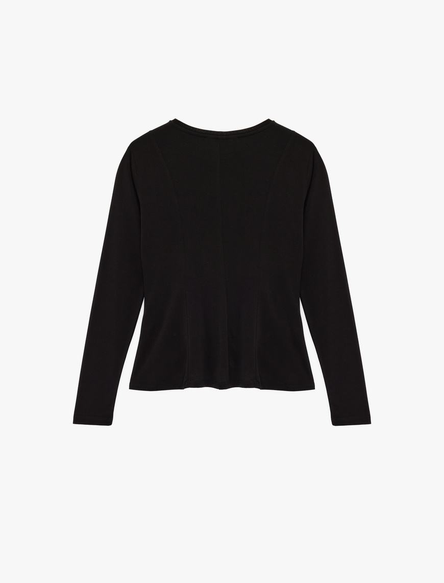 Siyah Kadın Sandy Kumaş Uzun Kollu Bisiklet Yaka Slim Fit Peplum