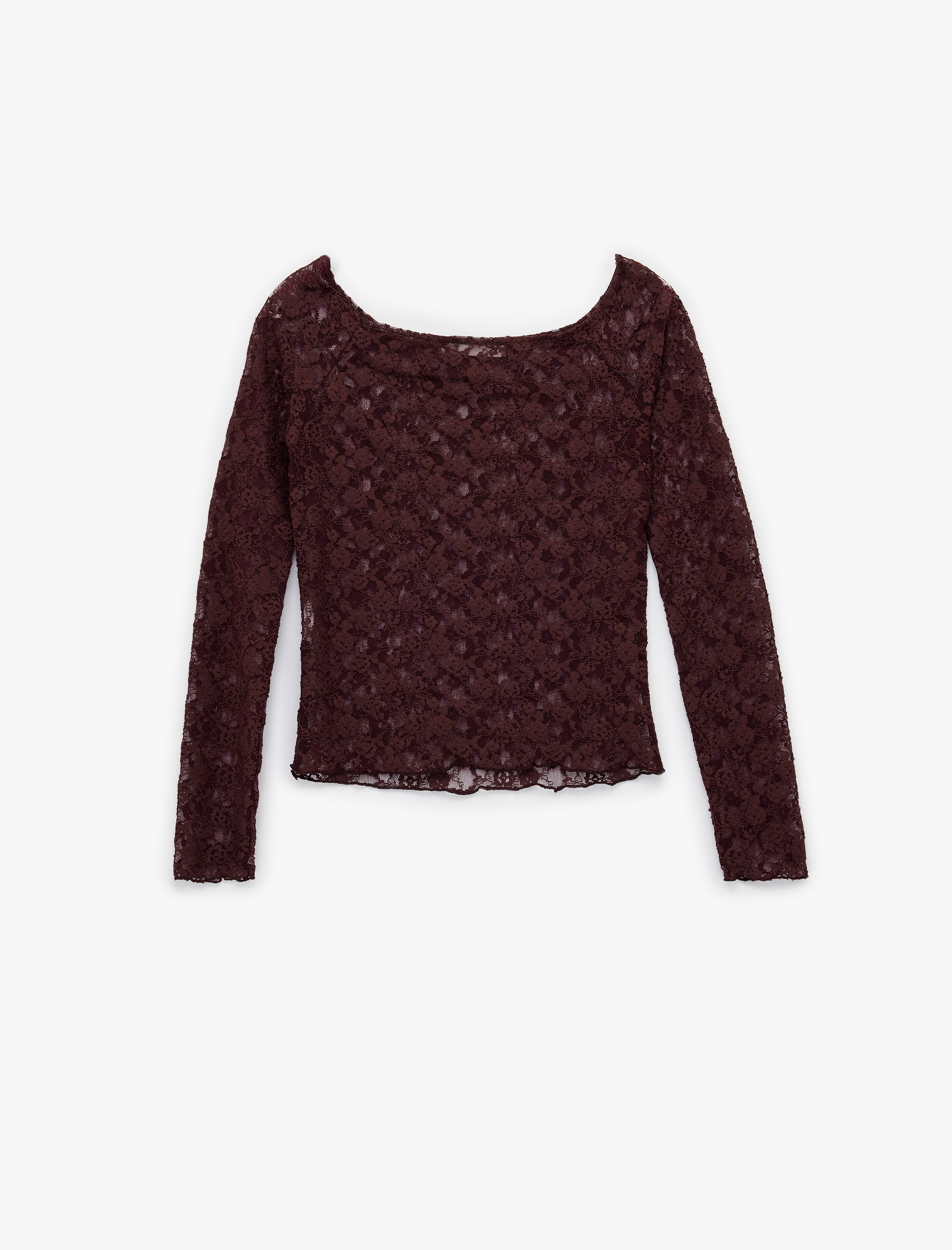   Uzun Kollu Kayık Yaka Slim Fit Dantel Tişört