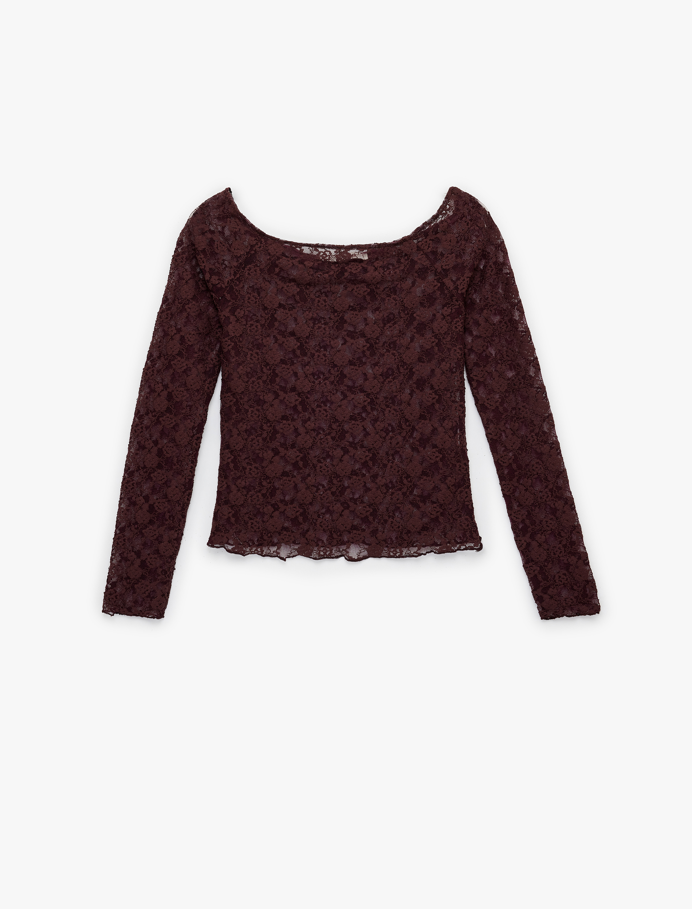   Uzun Kollu Kayık Yaka Slim Fit Dantel Tişört