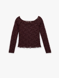 Uzun Kollu Kayık Yaka Slim Fit Dantel Tişört