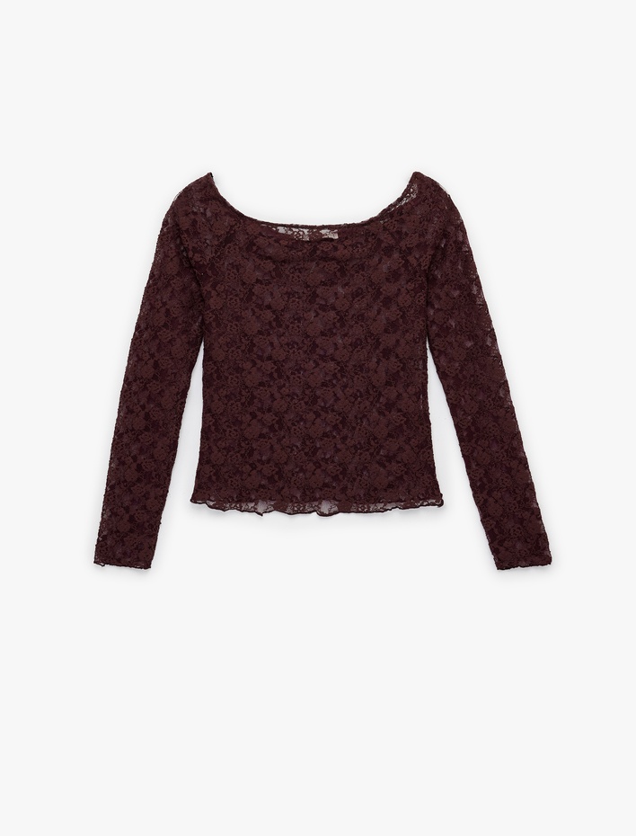  Uzun Kollu Kayık Yaka Slim Fit Dantel Tişört