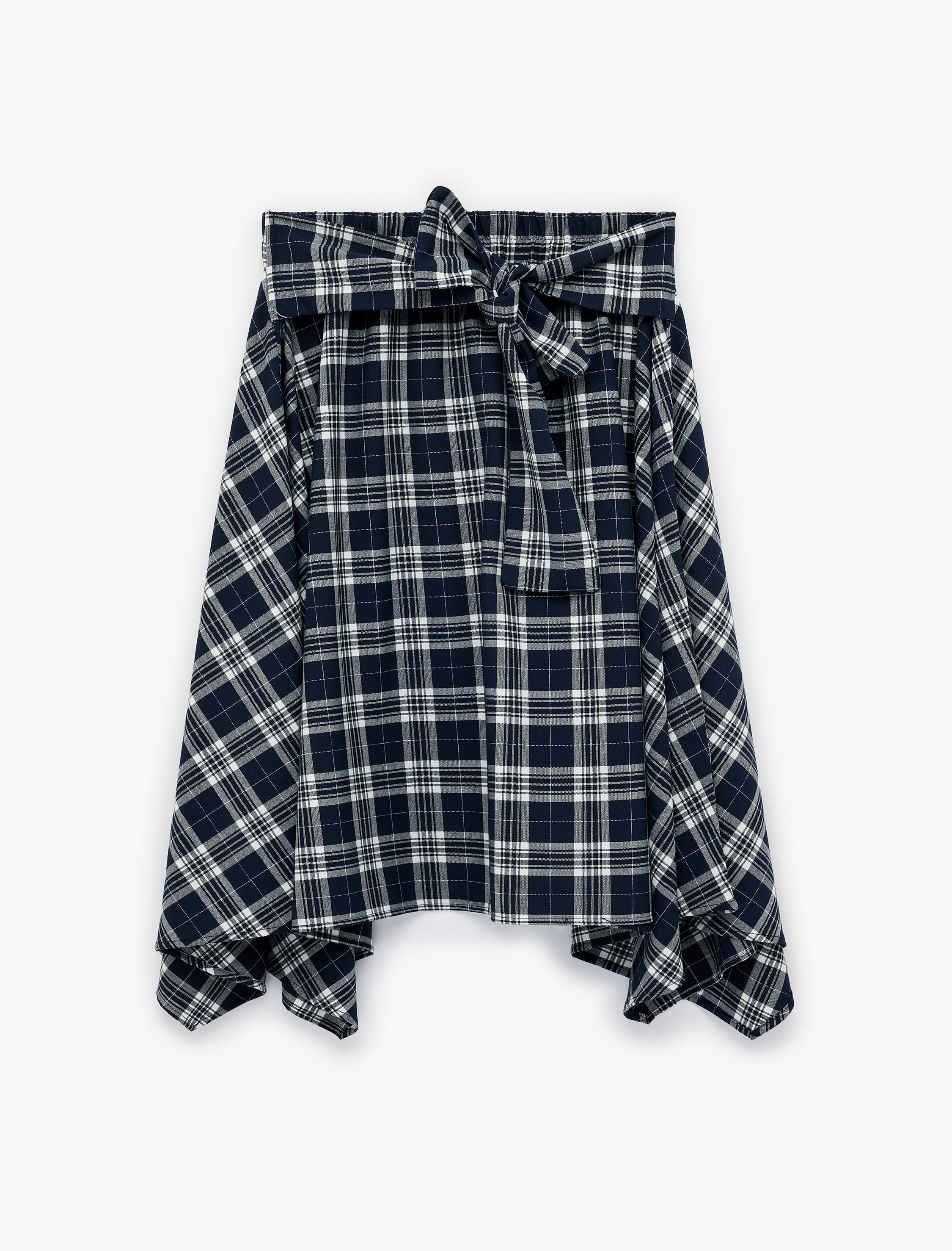   Asimetrik Beli Bağcıklı Fırfırlı Ekose Midi Etek