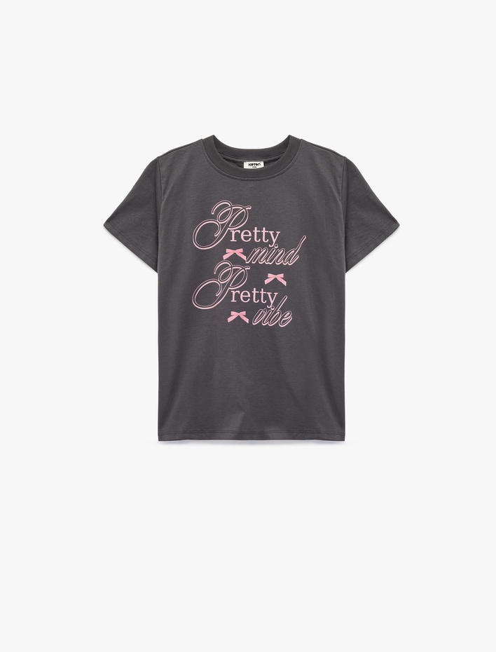 Kız Çocuk Bisiklet Yaka Kısa Kollu Pamuklu Baskılı Tişört