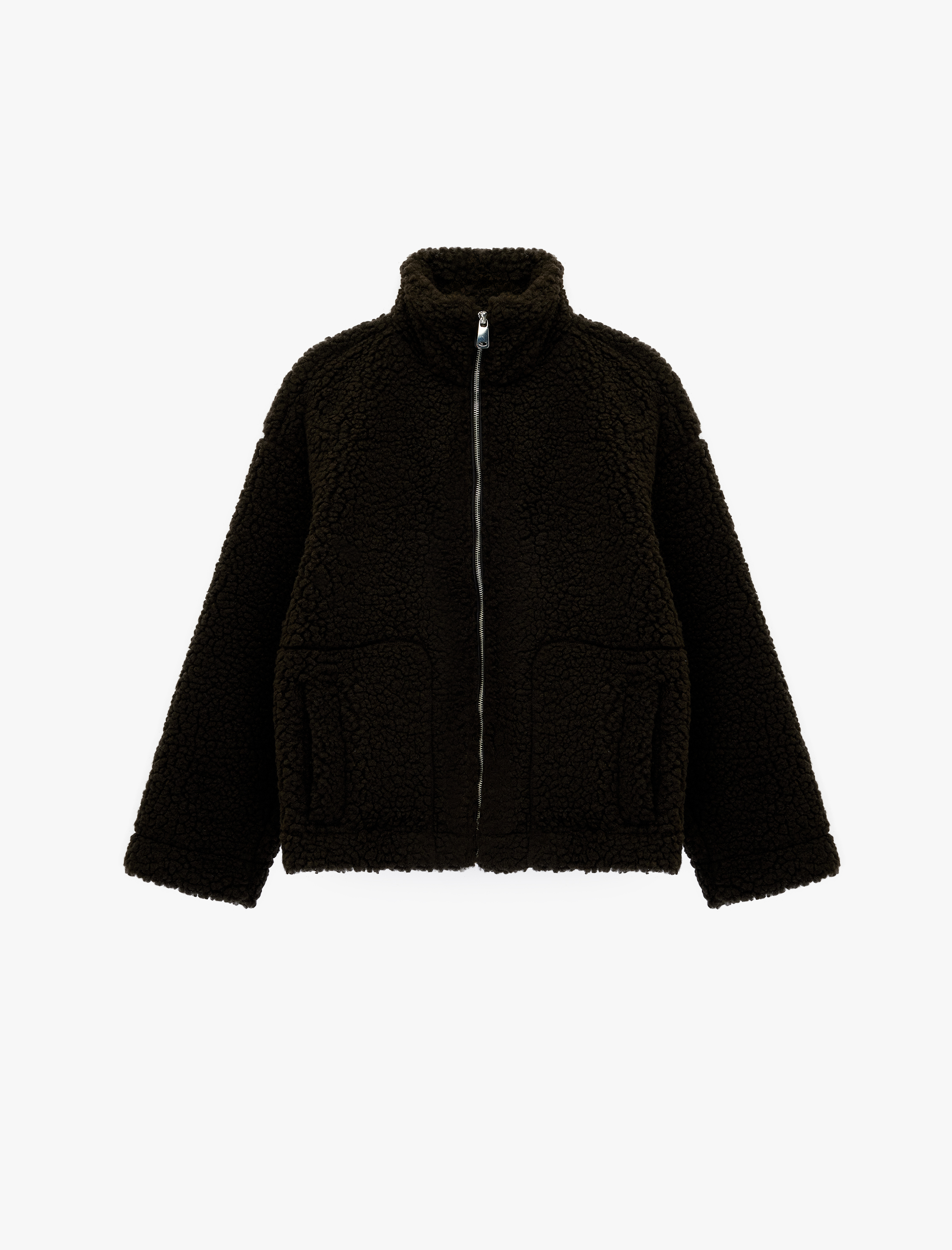   Fermuarlı Dik Yaka Uzun Kollu Peluş Ceket