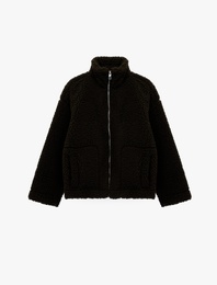 Fermuarlı Dik Yaka Uzun Kollu Peluş Ceket