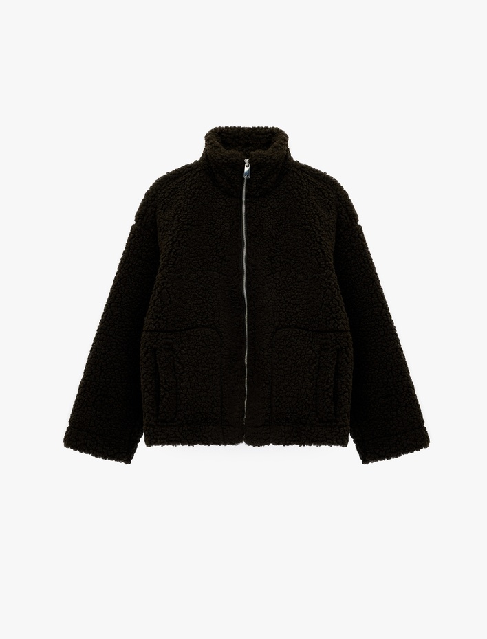  Fermuarlı Dik Yaka Uzun Kollu Peluş Ceket