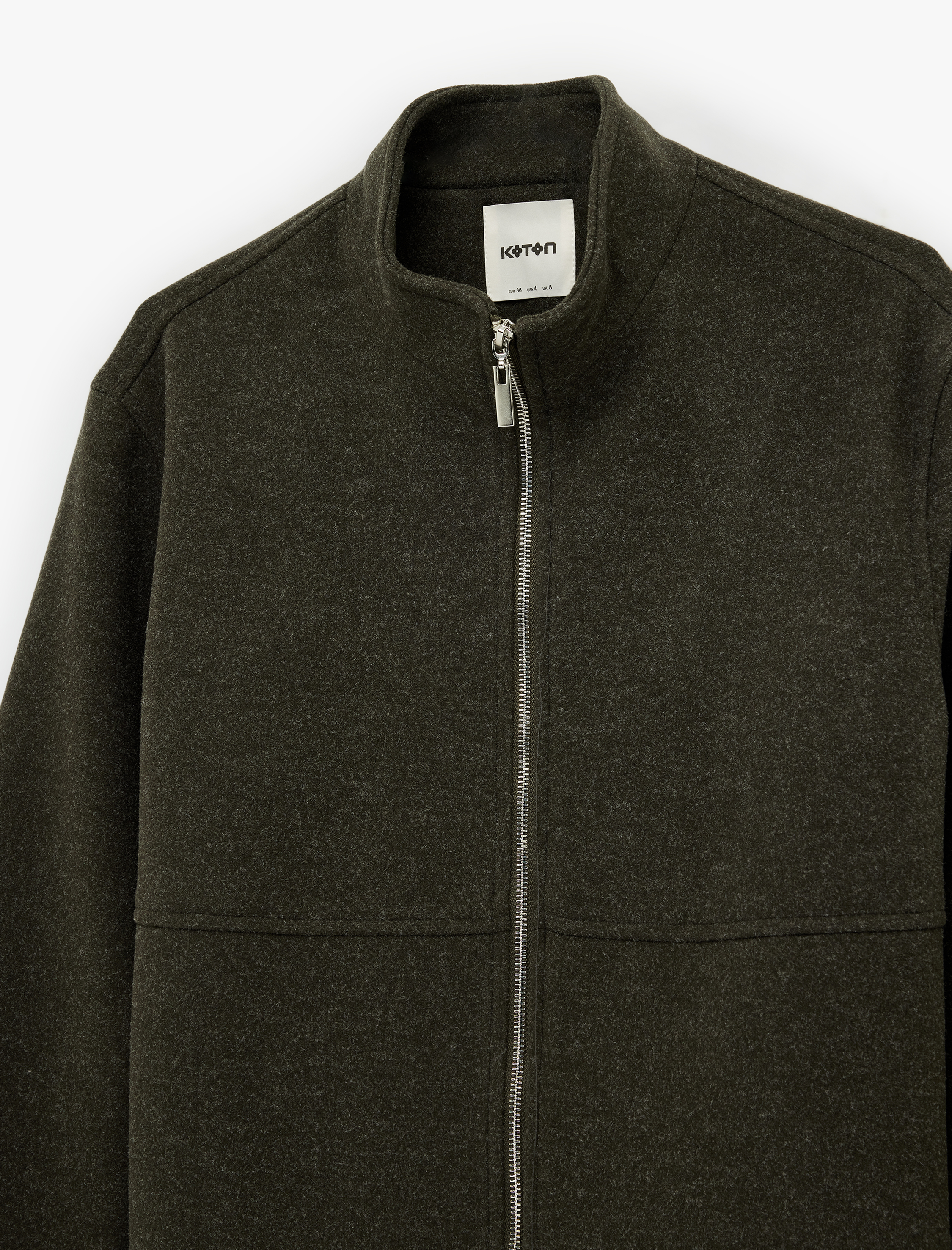   Dik Yaka Uzun Kollu Fermuarlı Kaşe Ceket