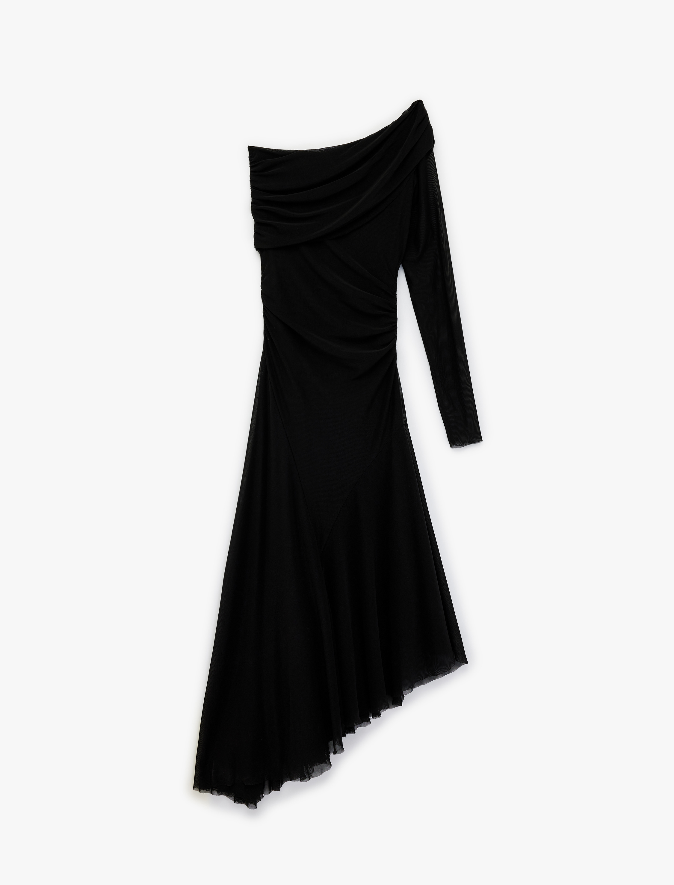   Uzun Kollu Asimetrik Tül Tek Omuz Midi Boy Elbise