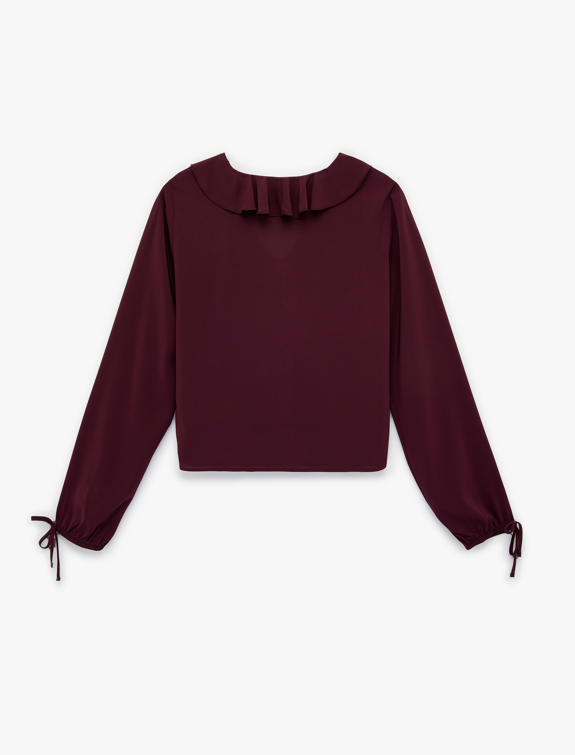   Bol Kalıp Uzun Kollu Fırfırlı V Yaka Şifon Crop Bluz