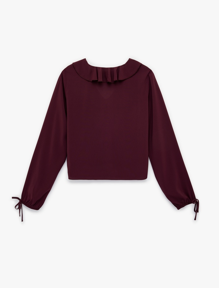  Bol Kalıp Uzun Kollu Fırfırlı V Yaka Şifon Crop Bluz