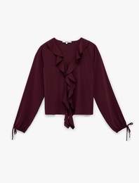 Bol Kalıp Uzun Kollu Fırfırlı V Yaka Şifon Crop Bluz