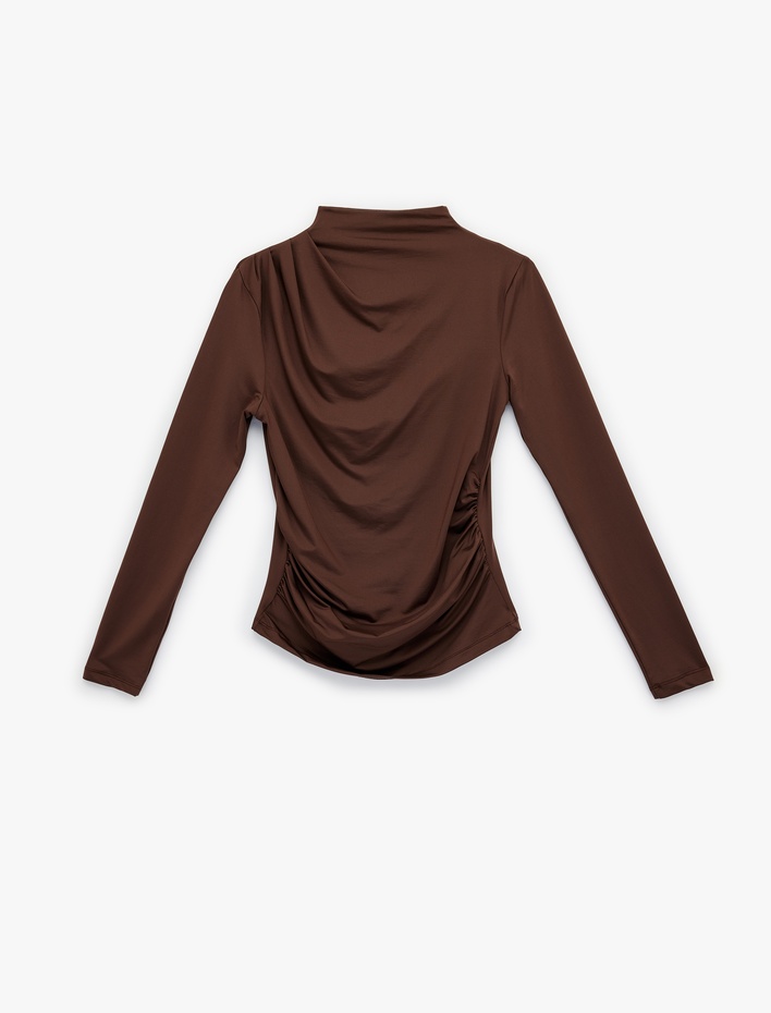  Slim Fit Dik Yaka Uzun Kollu Drapeli Bluz