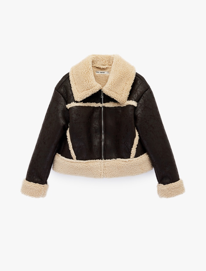  Klasik Yaka Fermuar Detaylı Suni Deri Biker Ceket