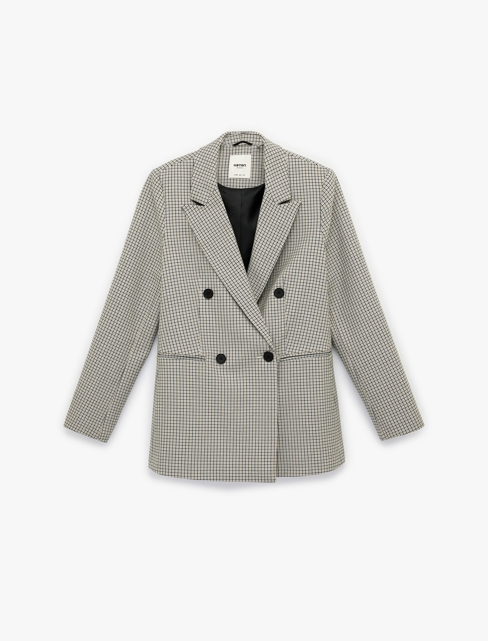  Düğmeli Cep Detaylı Kareli Kruvaze Yaka Blazer Ceket