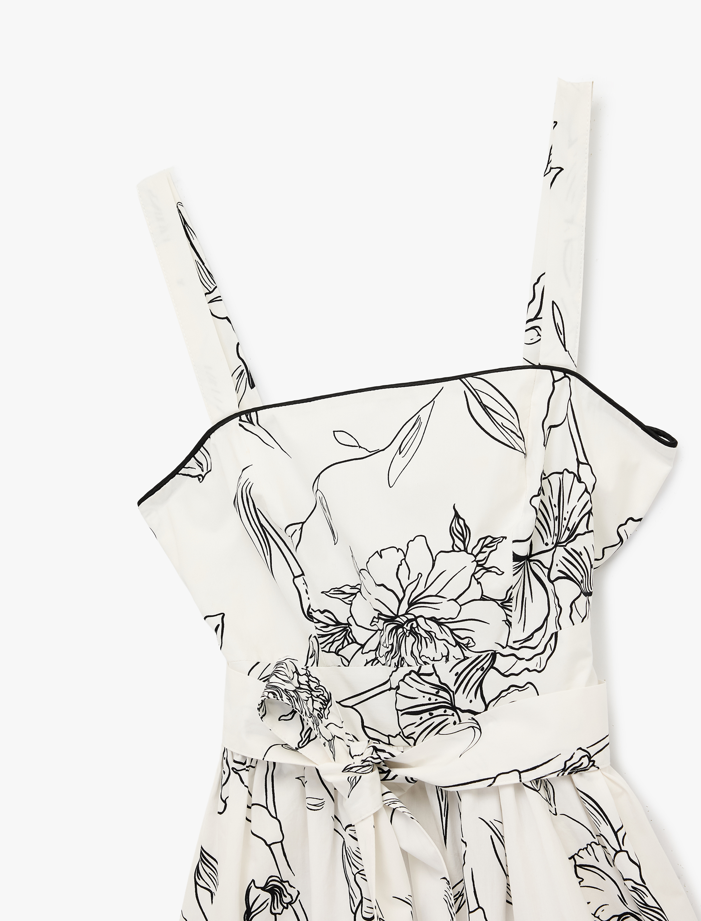   Pamuklu Kuşak Detaylı Askılı Uzun Poplin Çiçekli Elbise