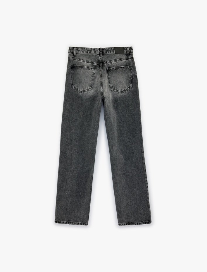  Pamuklu Cepli Düğmeli Düz Paça Yıkamalı Jean Pantolon - Straight Fit Jean