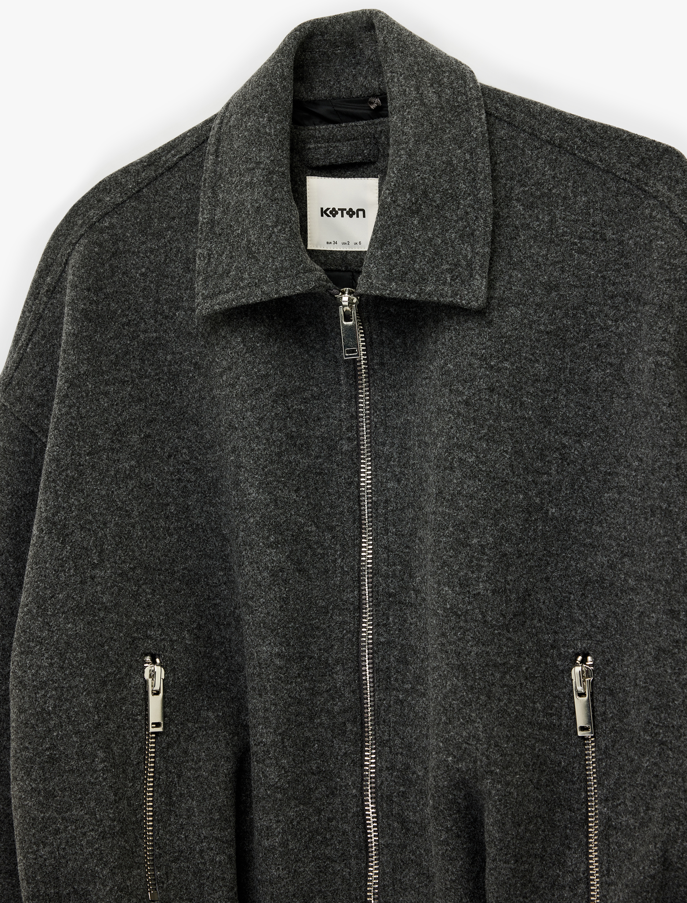   Cepli Fermuarlı Uzun Kollu Oversize Kaşe Bomber Ceket