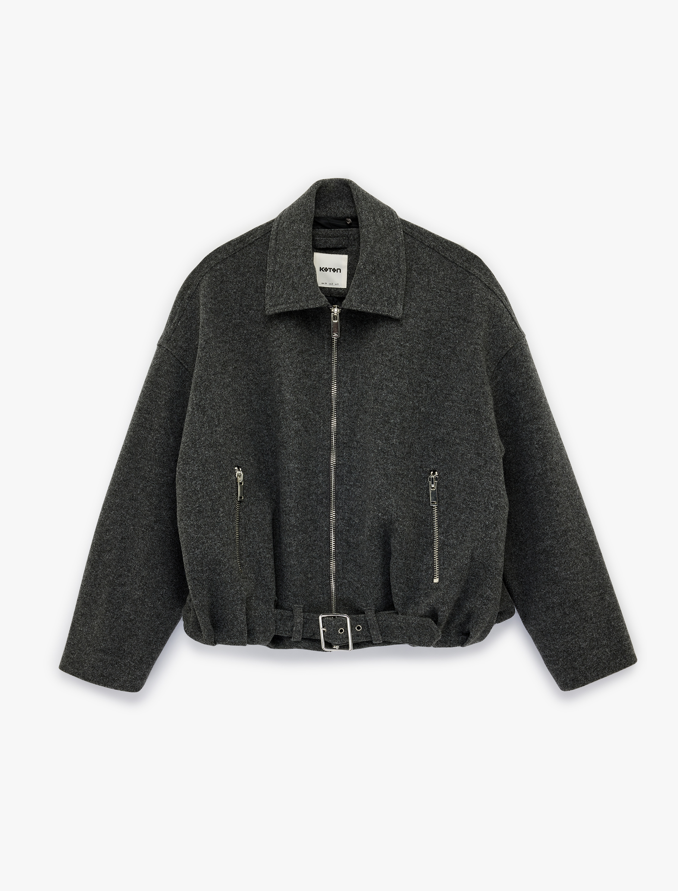   Cepli Fermuarlı Uzun Kollu Oversize Kaşe Bomber Ceket