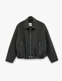 Cepli Fermuarlı Uzun Kollu Oversize Kaşe Bomber Ceket