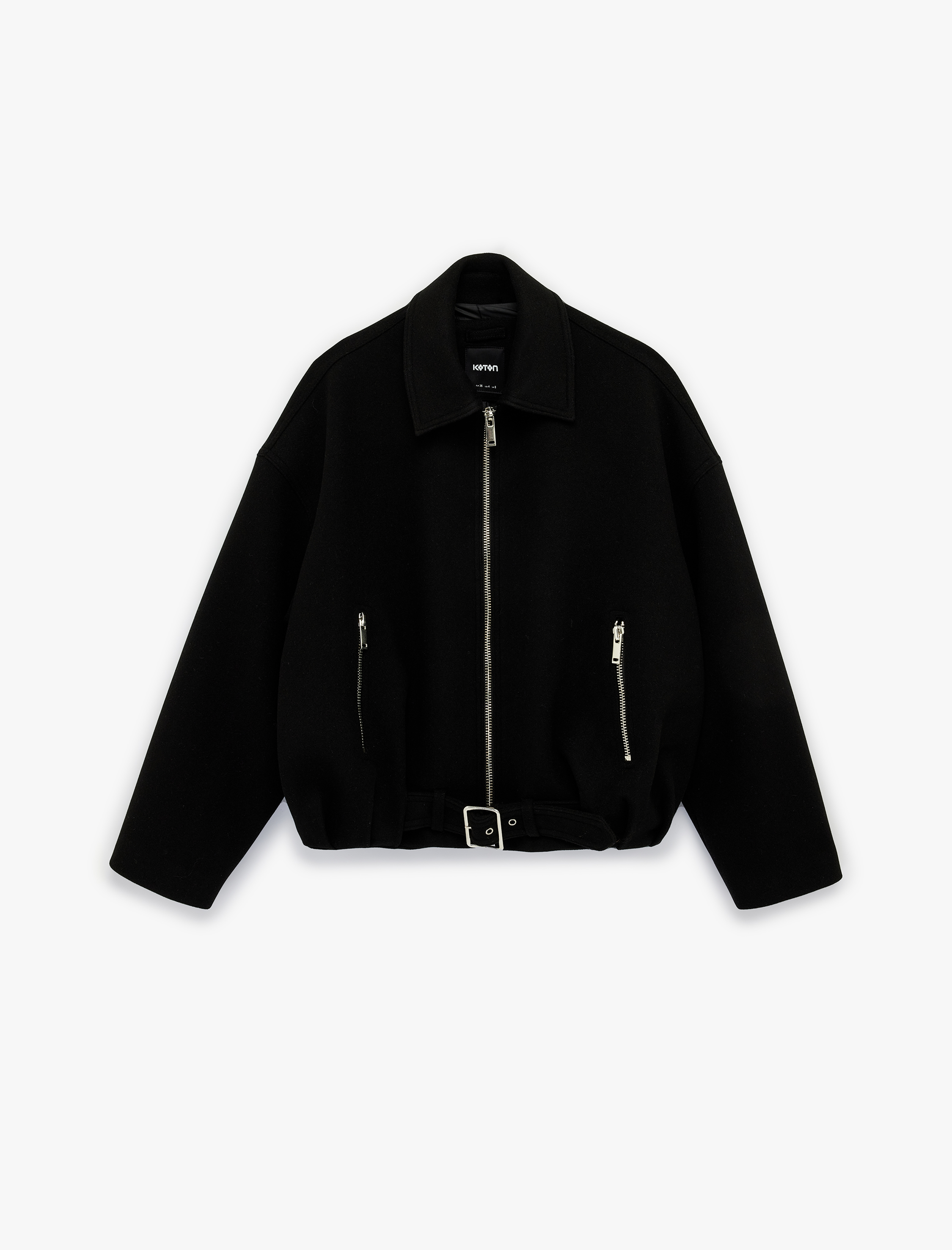   Uzun Kollu Kemer Detaylı Fermuarlı Oversize Kaşe Bomber Ceket