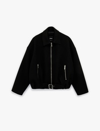 Uzun Kollu Kemer Detaylı Fermuarlı Oversize Kaşe Bomber Ceket