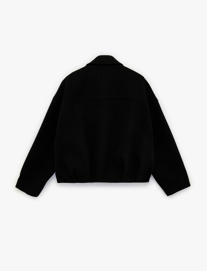  Uzun Kollu Kemer Detaylı Fermuarlı Oversize Kaşe Bomber Ceket