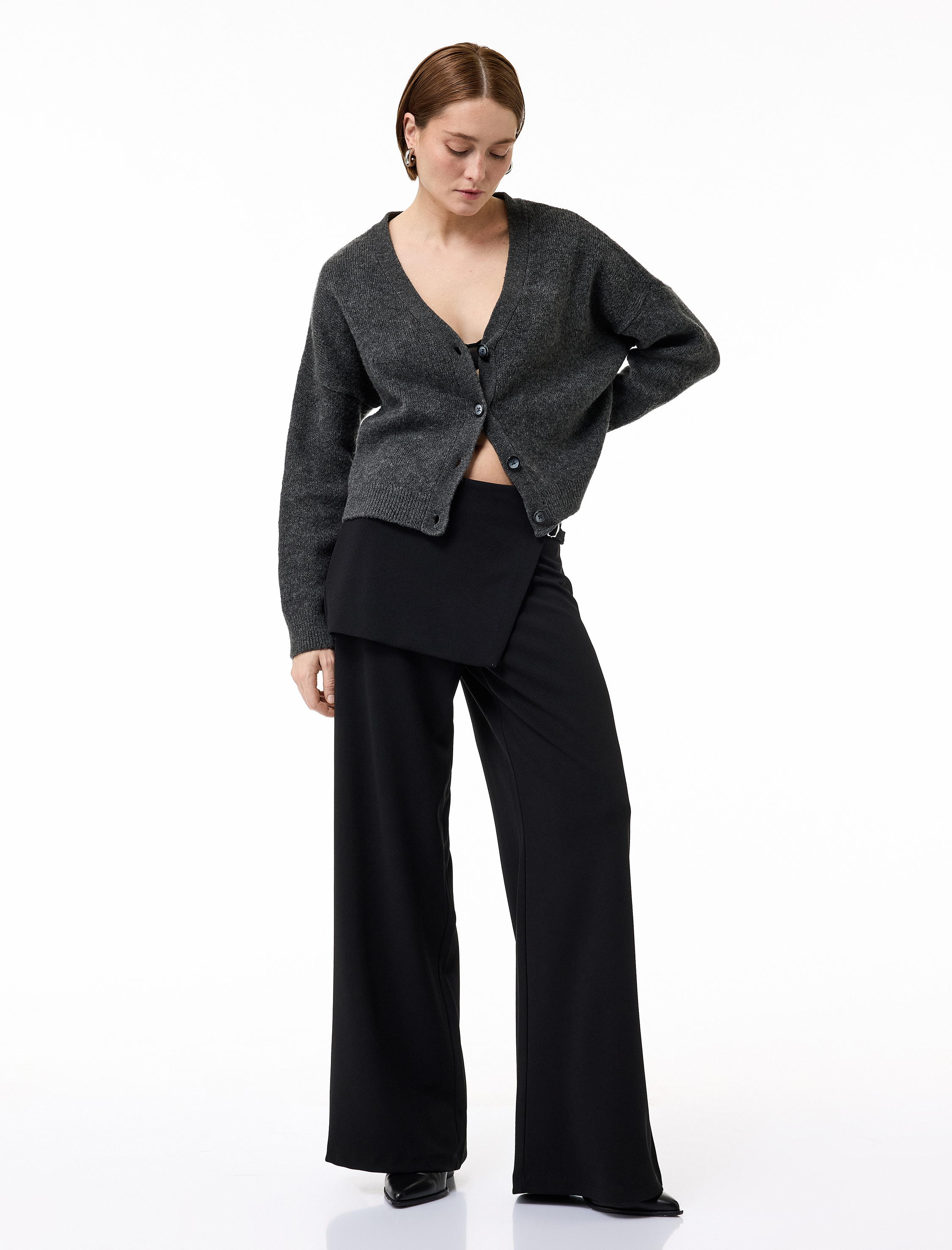   Yüksek Bel Uzun Bol Paça Kumaş Etek Pantolon