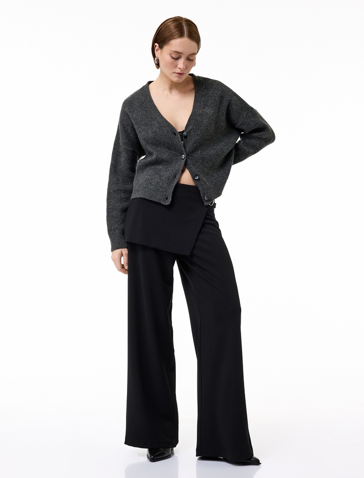  Yüksek Bel Uzun Bol Paça Kumaş Etek Pantolon