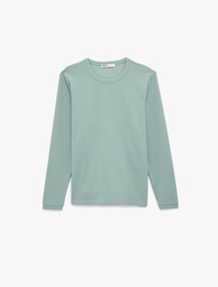 Regular Fit Ribanalı Renk Kontrastlı Pamuklu Bisiklet Yaka Uzun Kollu Tişört